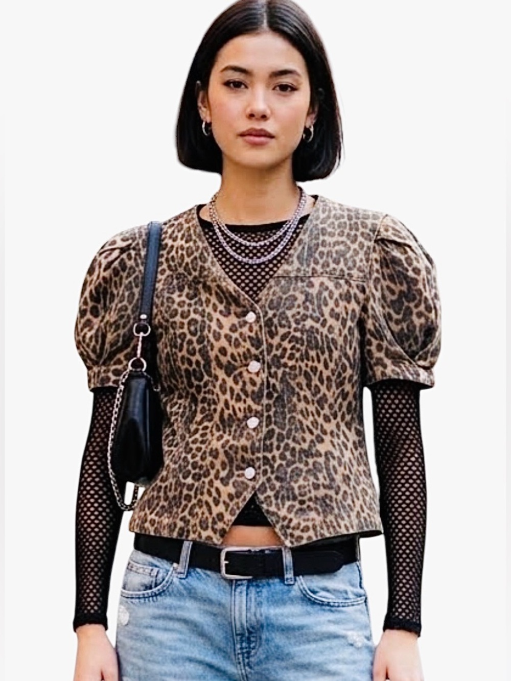 Damson Madder Anthropologie Denim Leopard Puff Sleeve Vest Top 10 12 Large